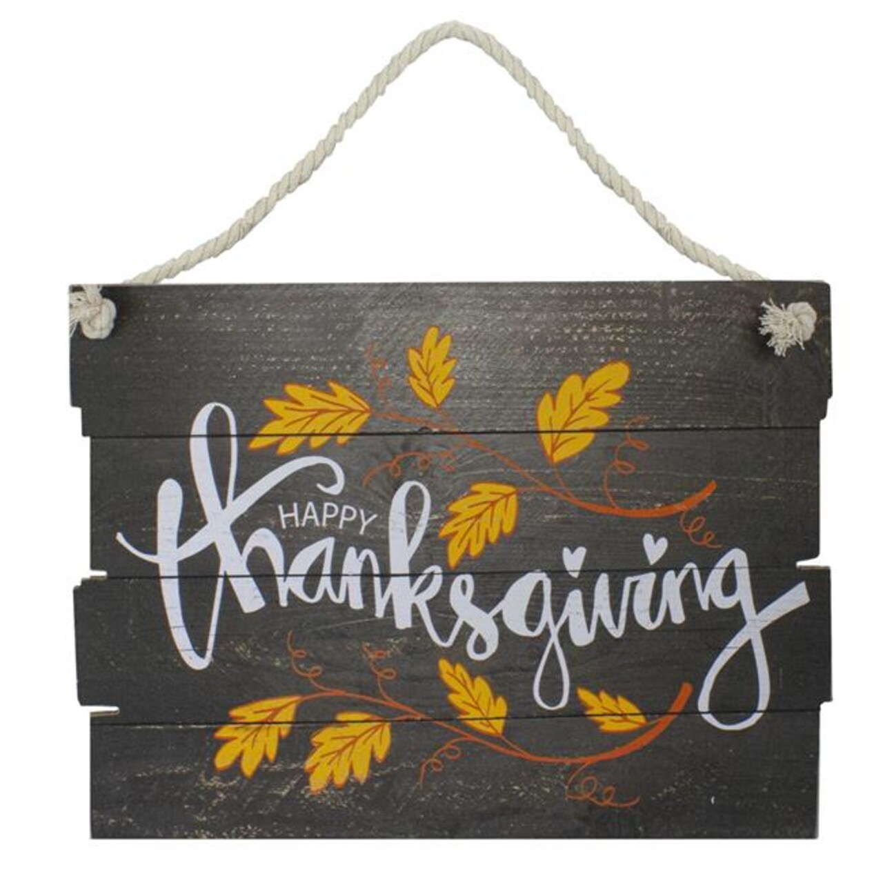 NorthLight 34308696 16 in. Leaves Happy Thanksgiving Wooden Hanging Wall Sign, Brown &#x26; Orange